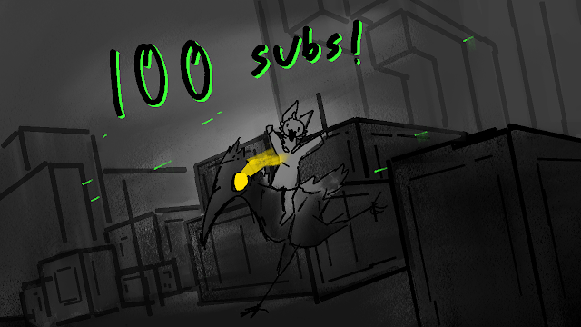 a drawing of a cat wearing a sweatshirt riding a birdlike creature through a vast crypt. there is text that reads: 100 subs!